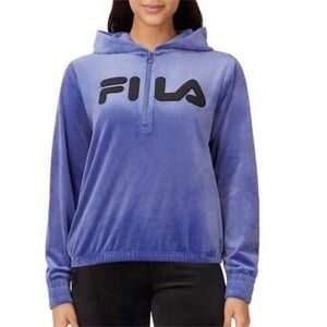 FILA Velour Hoodie Sweatshirt Medium Quarter-Zip Pockets Elastic Waist & Cuffs